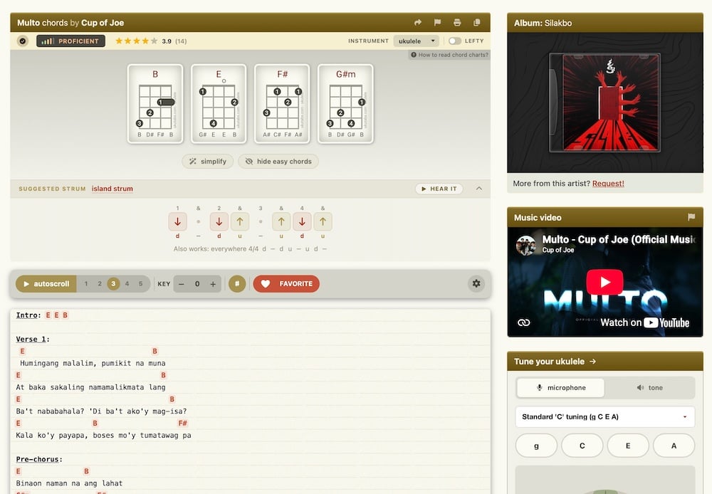 The Multo ukulele chord sheet on UkuTabs, with chord diagrams, lyrics and a transposer