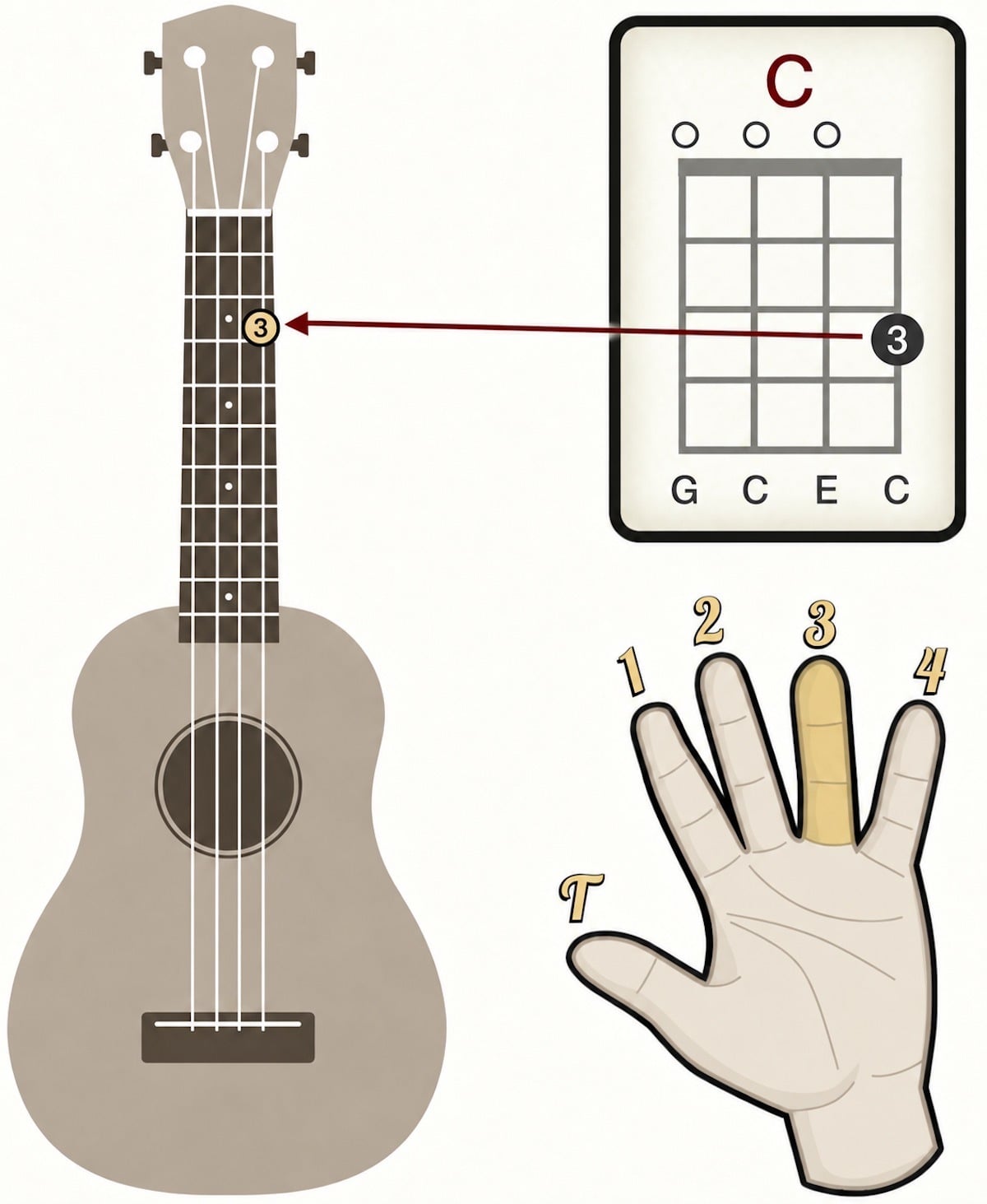 How the C chord diagram connects to the ukulele: finger 3, the ring finger, presses the A string at fret 3 while G, C and E stay open