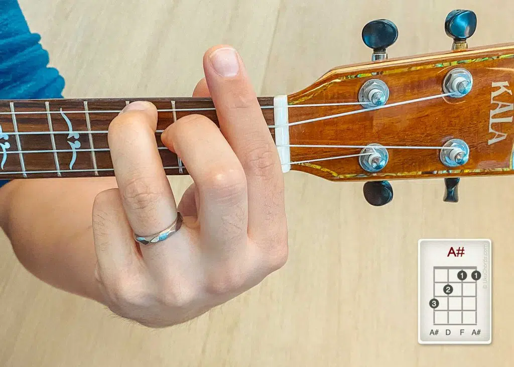 picture of A or Bb ukulele chord playing barred