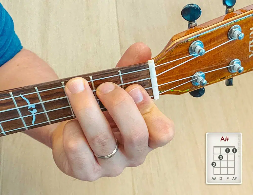 picture of A or Bb ukulele chord playing barred alternative version