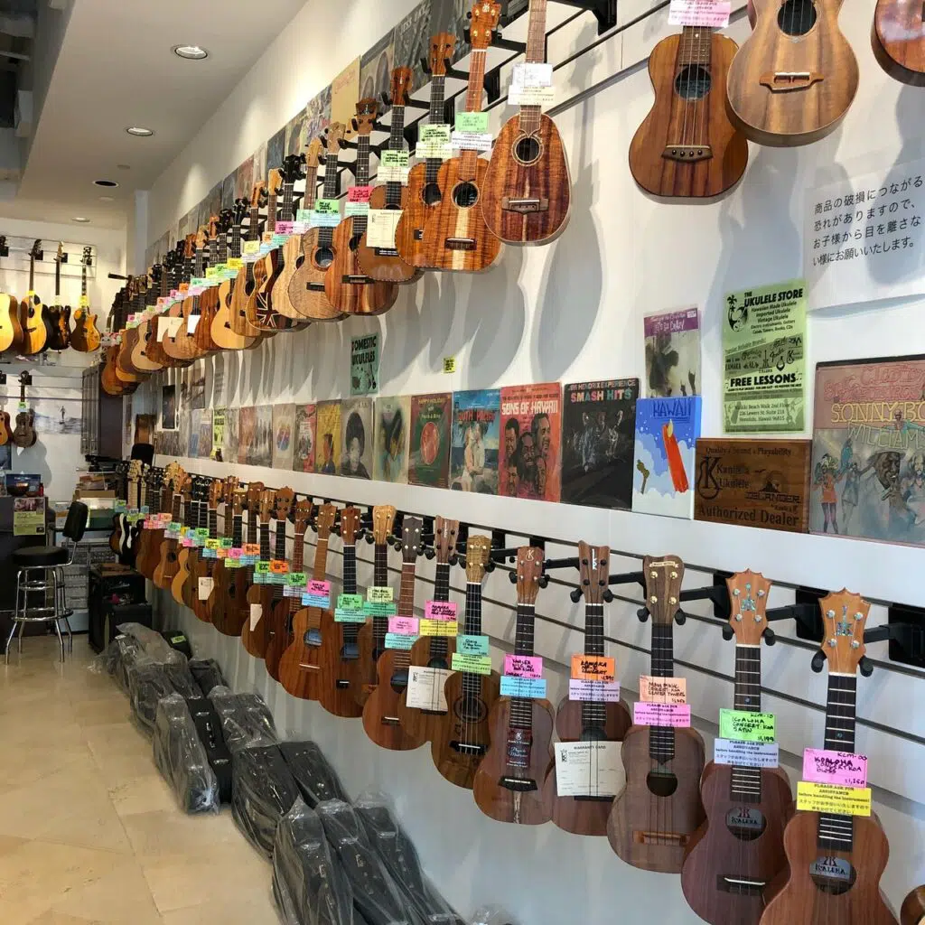 typical ukulele shop with ukuleles on a row