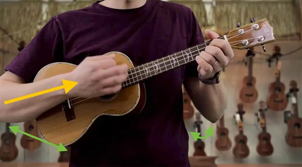 picture with arrows on how to hold your ukulele